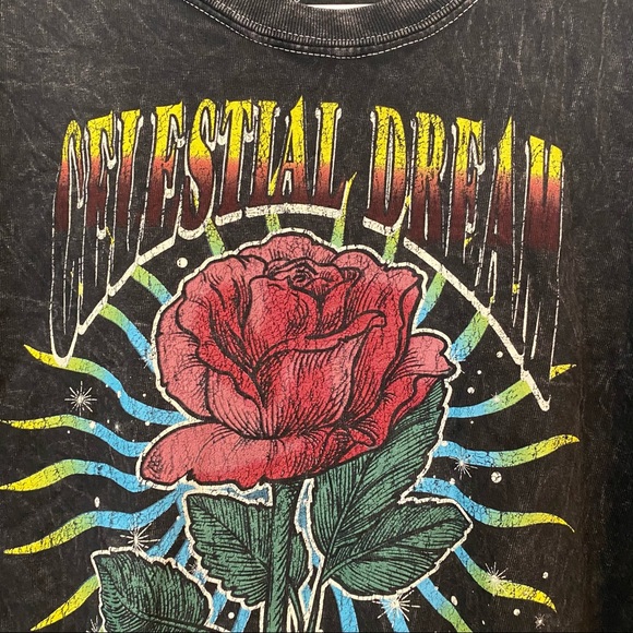 CELESTIAL DREAM NWOT Acid Wash Crop Band Tee - Picture 2 of 5